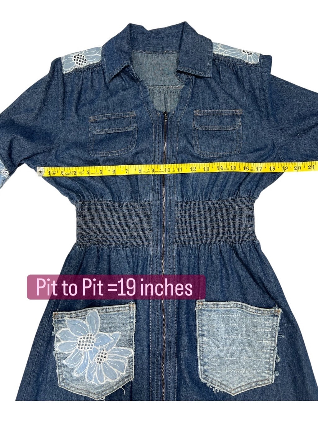 Upcycled Denim Dress with Eyelet Sleeves & Ruched Waist