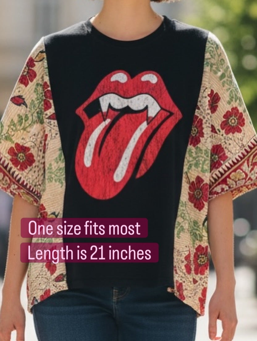 Upcycled Rolling Stones Tee with Kantha Quilt Sleeves