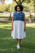 3X - Upcycled Denim Dress – Gold & White Check Skirt with Ruffle Collar