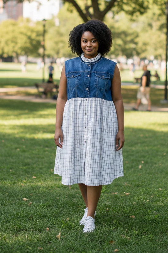 3X - Upcycled Denim Dress – Gold & White Check Skirt with Ruffle Collar