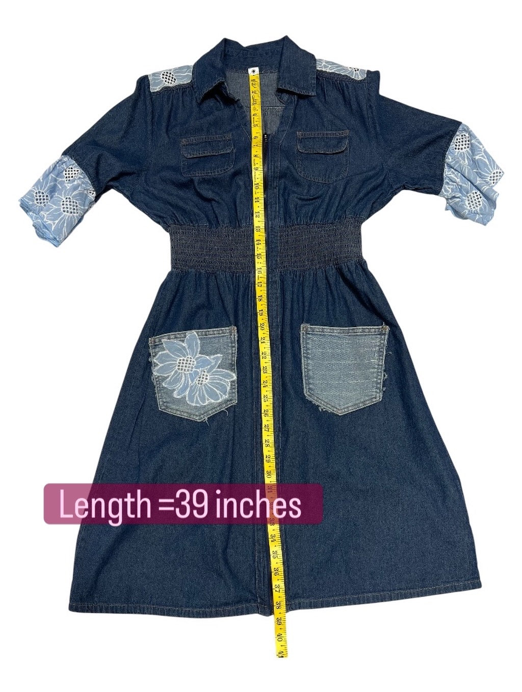 Upcycled Denim Dress with Eyelet Sleeves & Ruched Waist