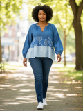 Upcycled Blue Denim Peasant Top with Soft Blue & White Layers