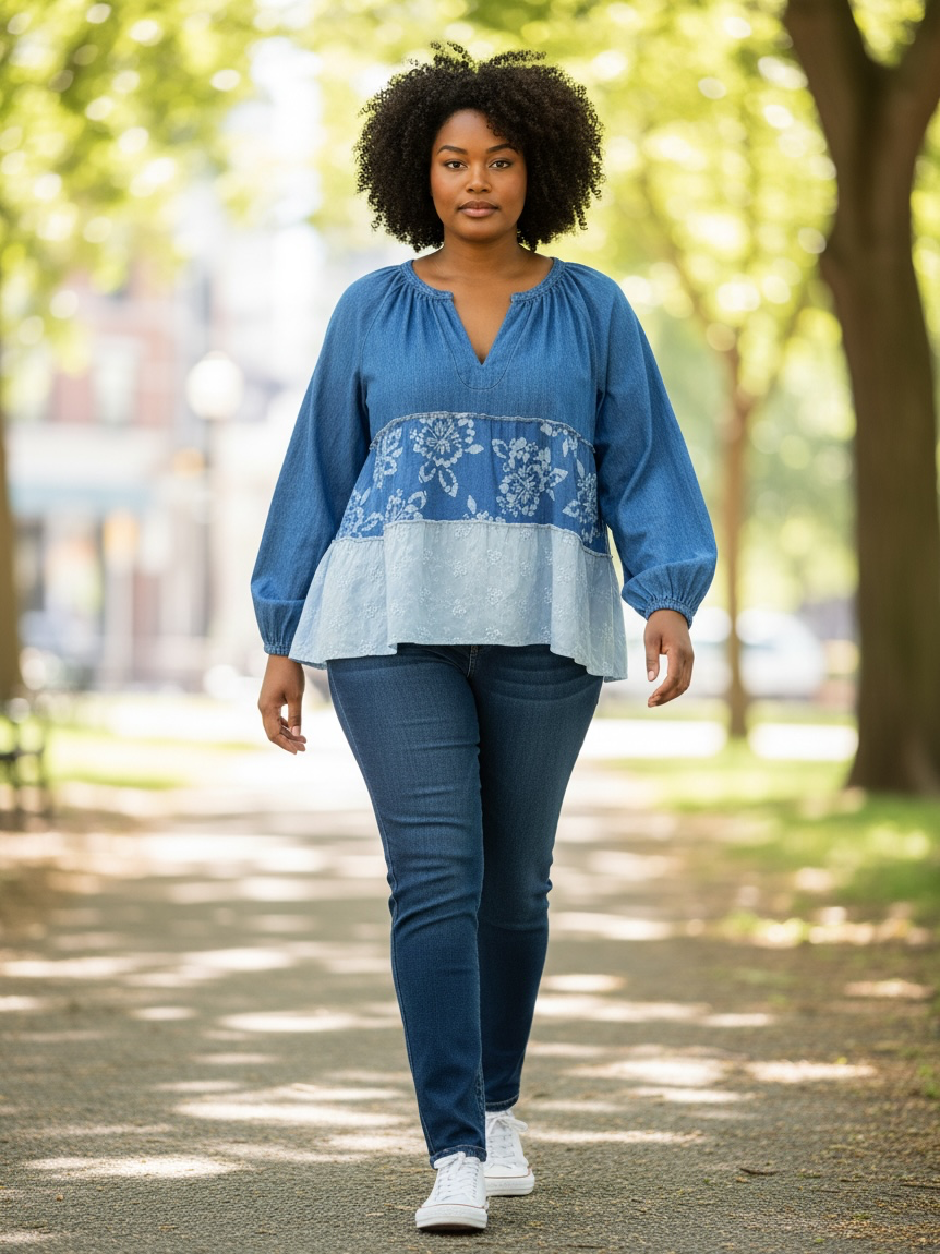 Upcycled Blue Denim Peasant Top with Soft Blue & White Layers