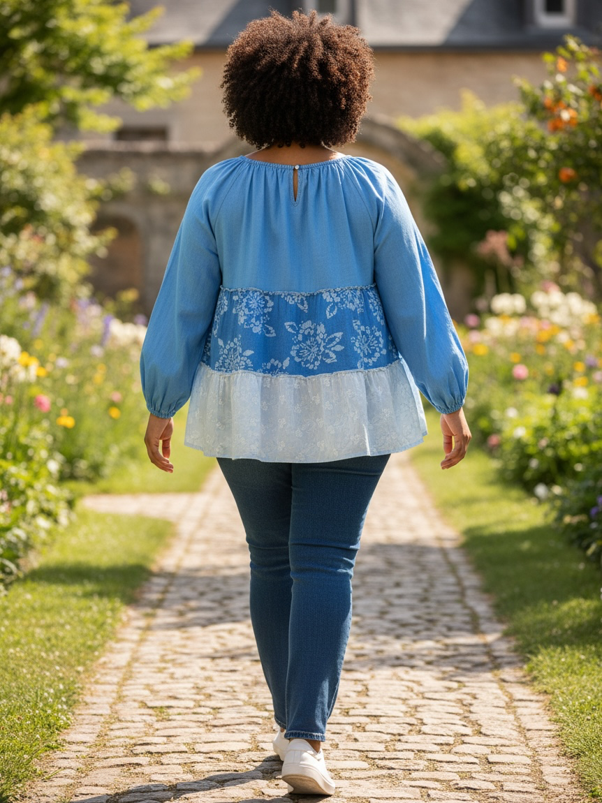 Upcycled Blue Denim Peasant Top with Soft Blue & White Layers