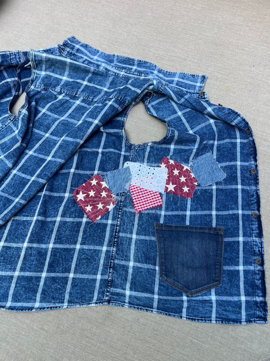 XL Handmade Upcycled Blue Patchwork Sleeveless Top | Artisan Slow Fashion