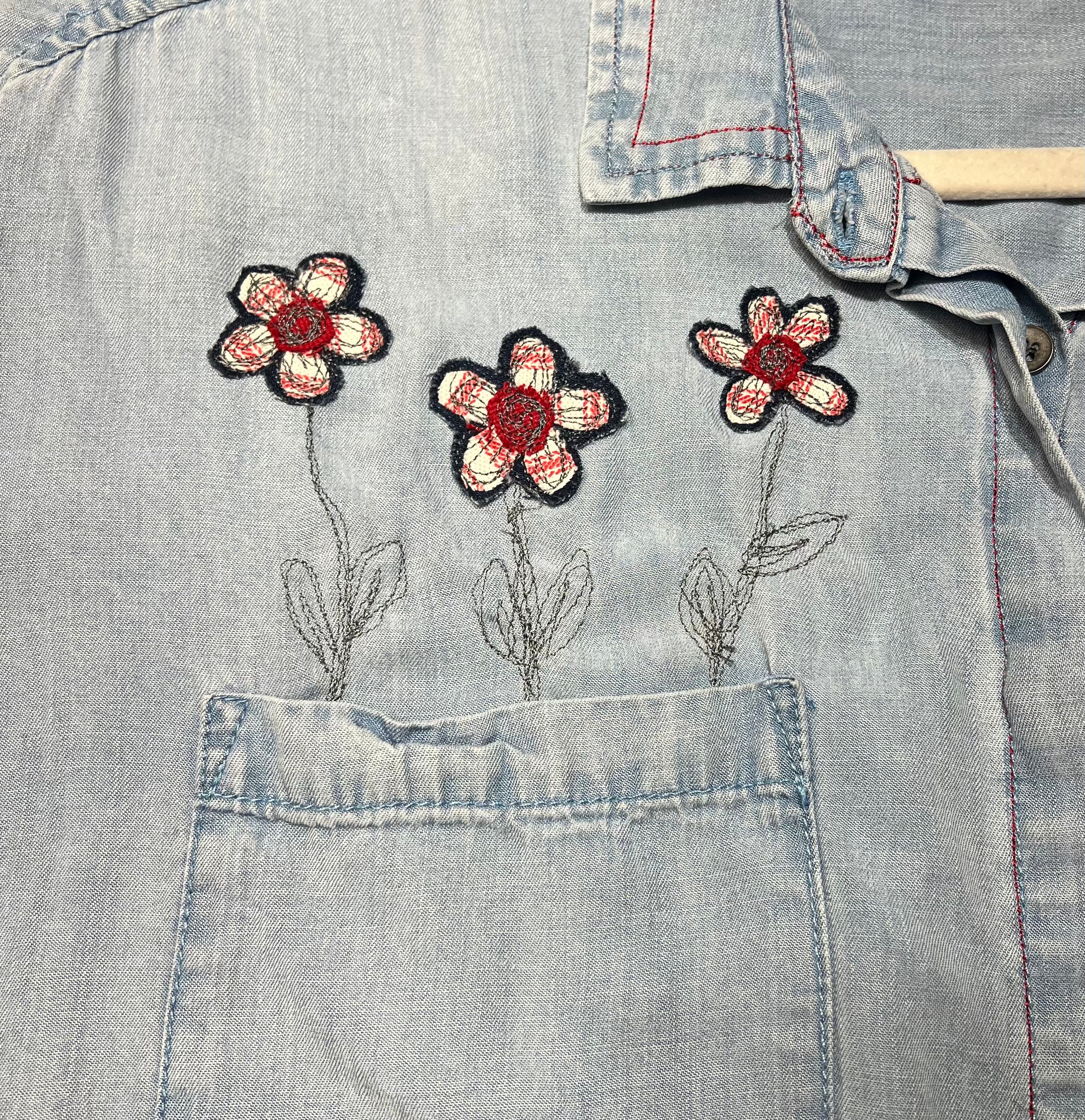 L/XL -  Upcycled Lightweight Denim Shirt with Handmade Flower Appliqué | Cottagecore Slow Fashion