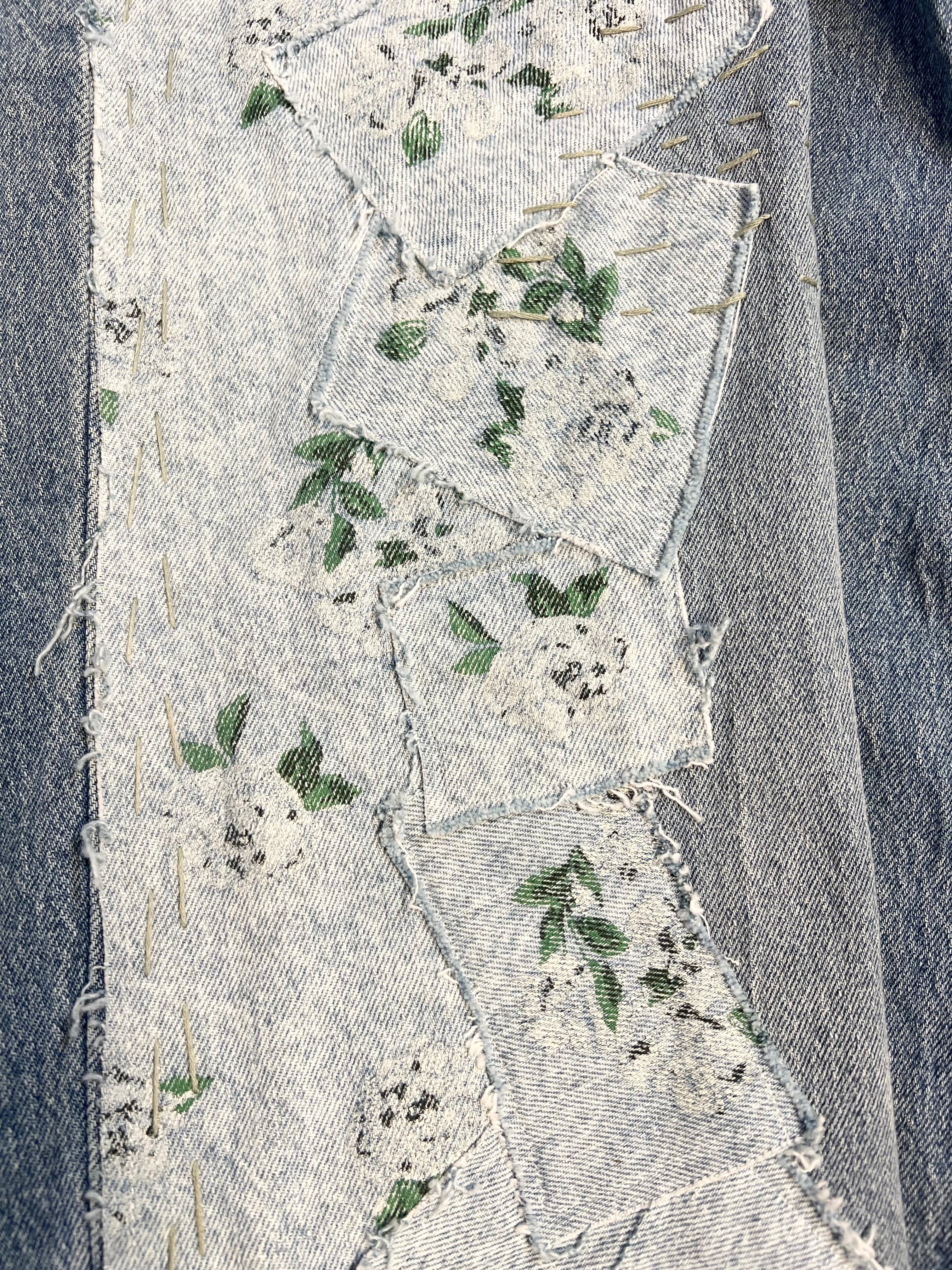 Upcycled Denim Cropped Wide Leg Pants with Floral Patchwork