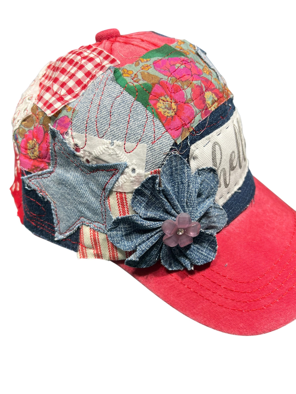 Handmade Patch Red Baseball Hat with Denim Flower