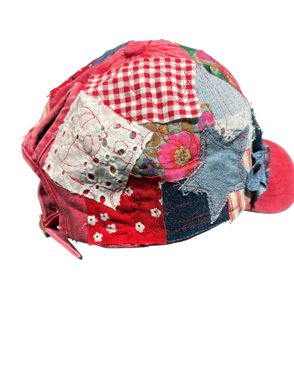 Handmade Patch Red Baseball Hat with Denim Flower