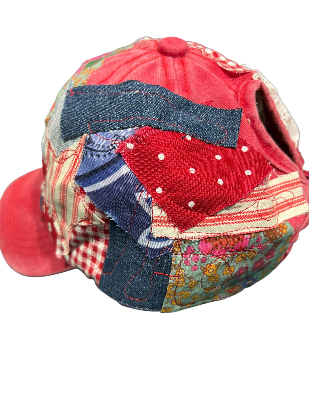 Handmade Patch Red Baseball Hat with Denim Flower