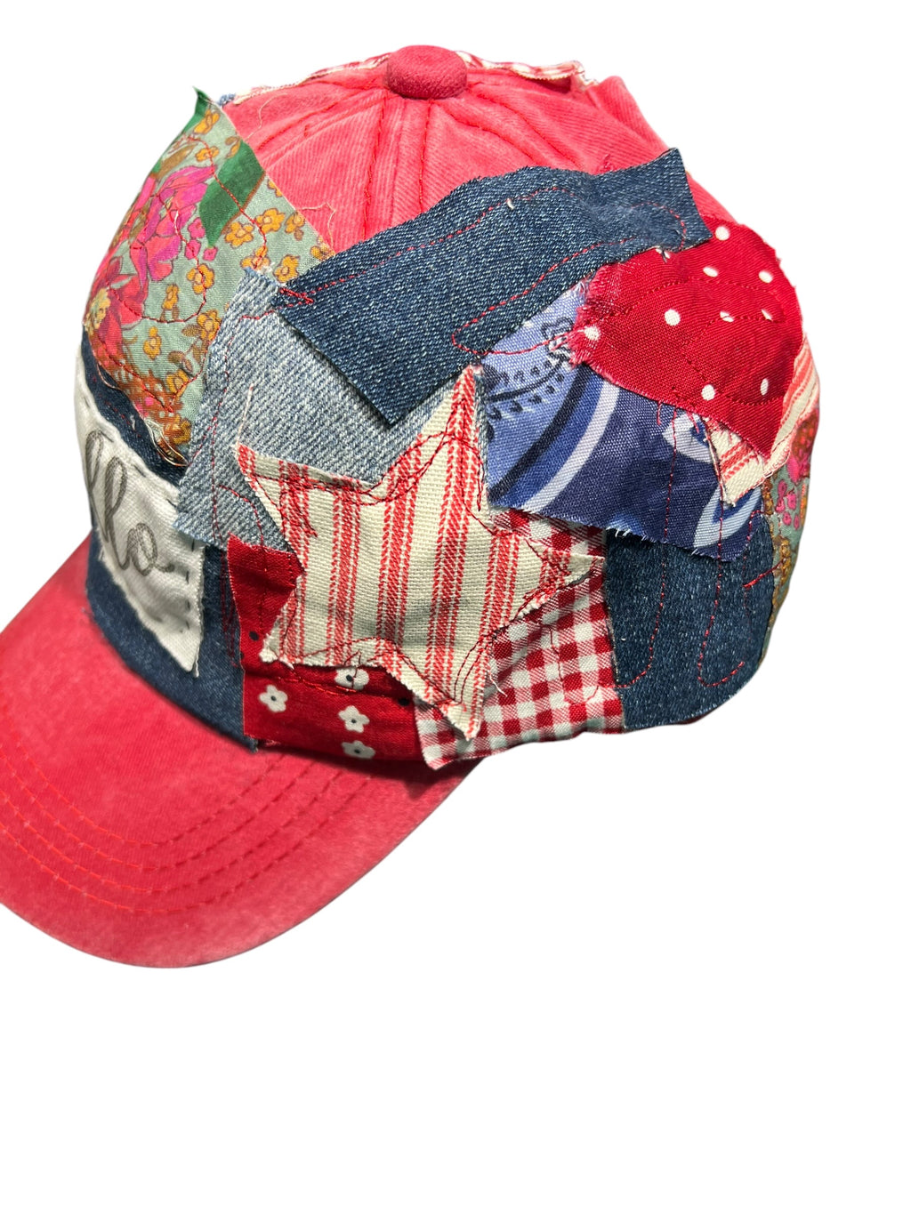 Handmade Patch Red Baseball Hat with Denim Flower