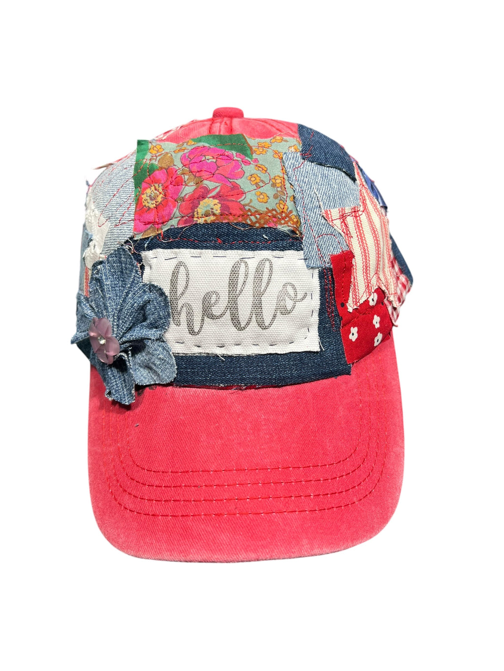 Handmade Patch Red Baseball Hat with Denim Flower
