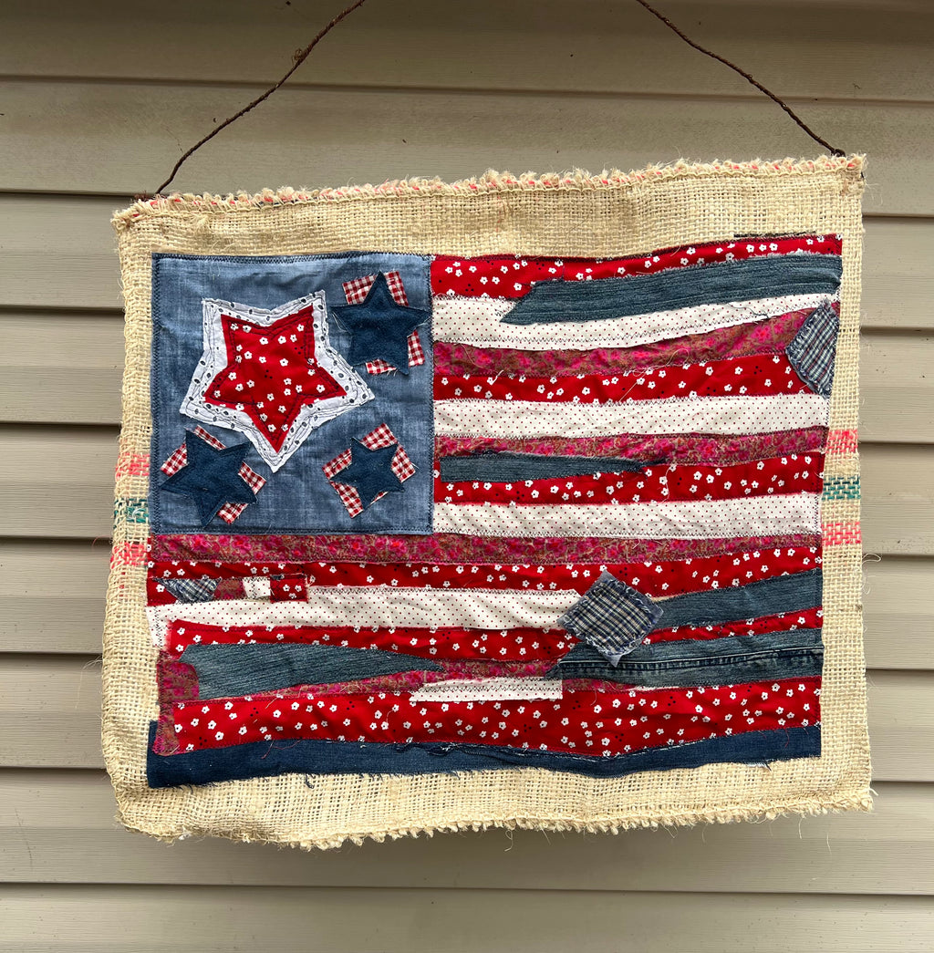 Handmade Upcycled Fabric & Burlap Coffee Bag Flag | One-of-a-Kind Slow Fashion Home Décor