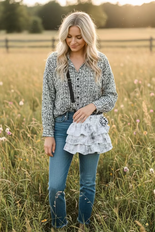 Black & White Cotton Crossbody Bag | Handmade with Denim Pocket & Accent Flower