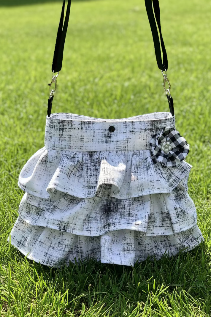 Black & White Cotton Crossbody Bag | Handmade with Denim Pocket & Accent Flower