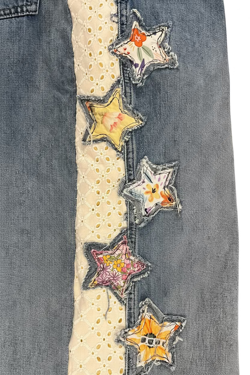Medium - Handmade Upcycled Denim Overall Capris | Eyelet & Star Appliqué Slow Fashion