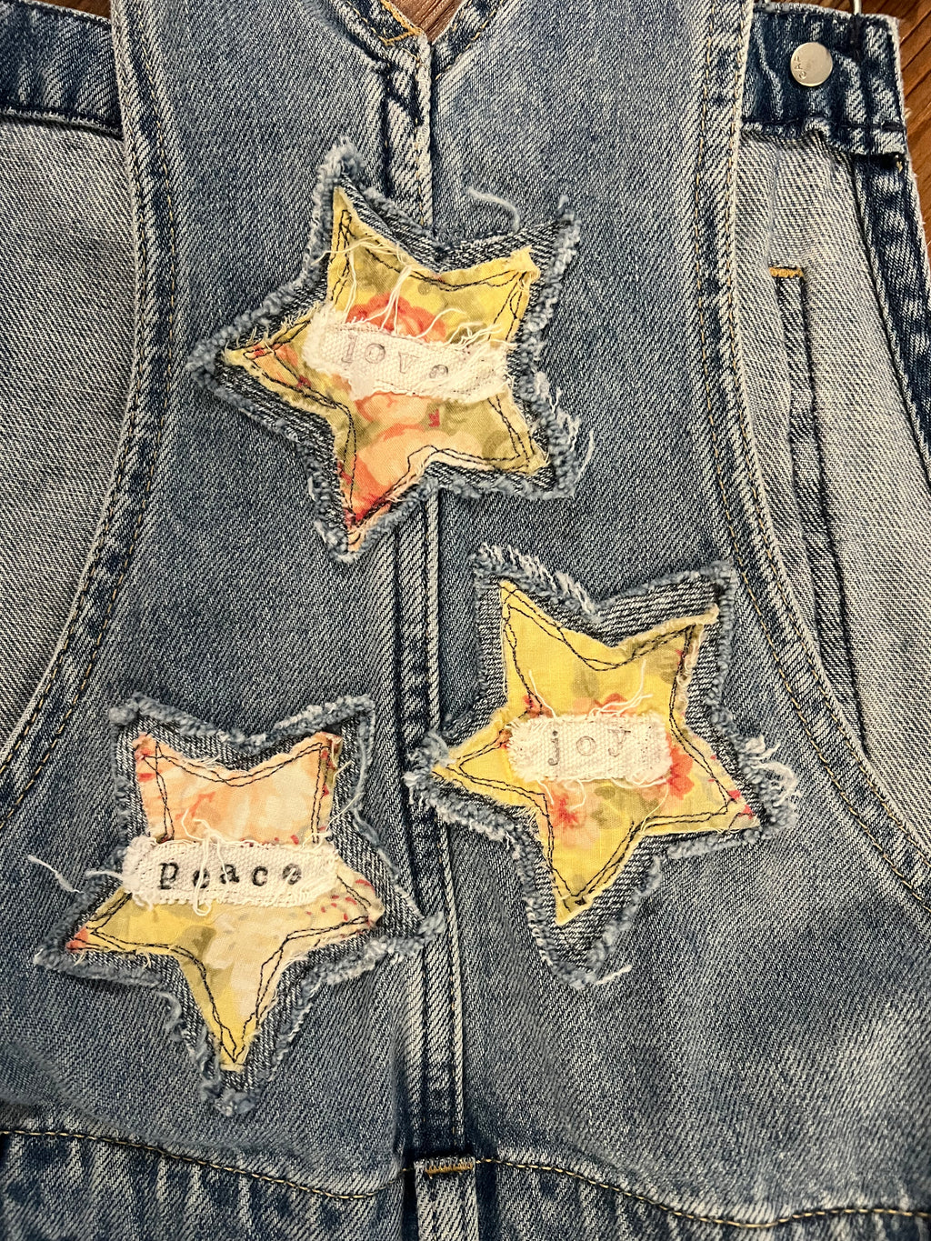 Medium - Handmade Upcycled Denim Overall Capris | Eyelet & Star Appliqué Slow Fashion