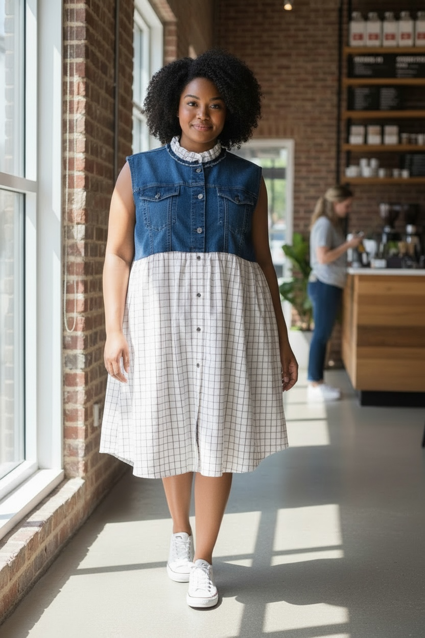 Upcycled Denim Dress – Gold & White Check Skirt with Ruffle Collar