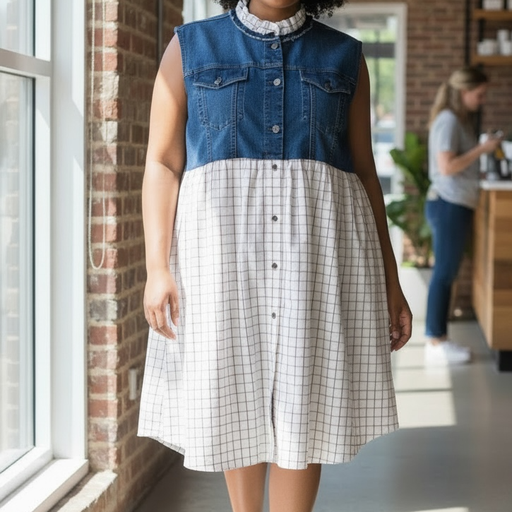 Upcycled Denim Dress – Gold & White Check Skirt with Ruffle Collar
