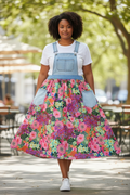 Upcycled Floral Overall Dress – Elastic Waist, Size XL/2X