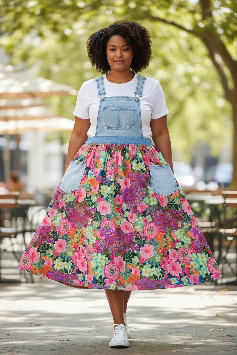 Upcycled Floral Overall Dress – Elastic Waist, Size XL/2X