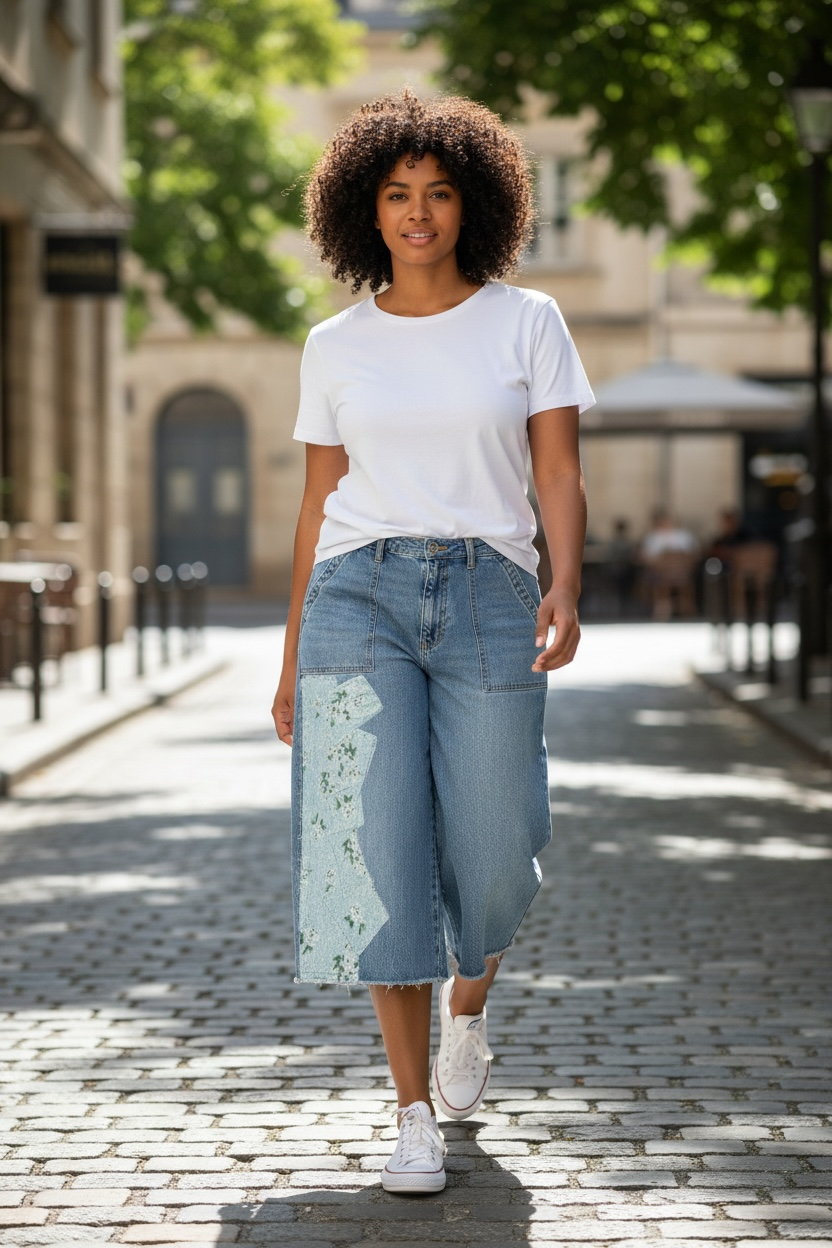 Upcycled Denim Cropped Wide Leg Pants with Floral Patchwork