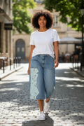 Upcycled Denim Cropped Wide Leg Pants with Floral Patchwork