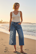 XL - Upcycled Demin Cropped Leg Pants with Floral Patches