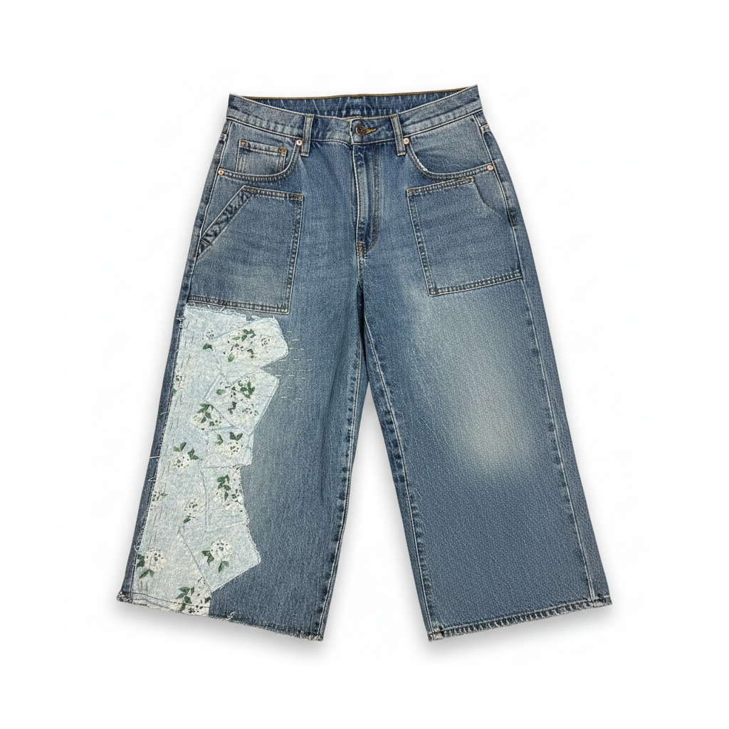Upcycled Denim Cropped Wide Leg Pants with Floral Patchwork