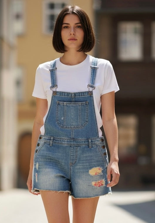 Upcycled Denim Overall Shorts with Patchwork & Flower Appliqué