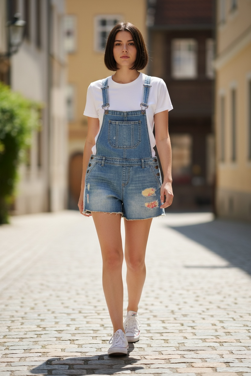 Upcycled Denim Overall Shorts with Patchwork & Flower Appliqué