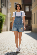 Upcycled Denim Overall Shorts with Patchwork & Flower Appliqué