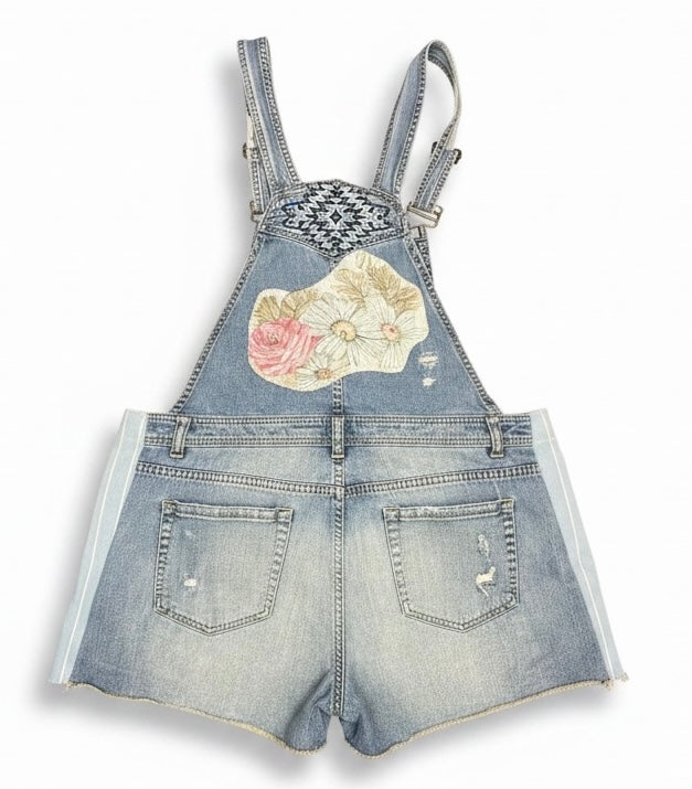 Upcycled Denim Overall Shorts with Patchwork & Flower Appliqué
