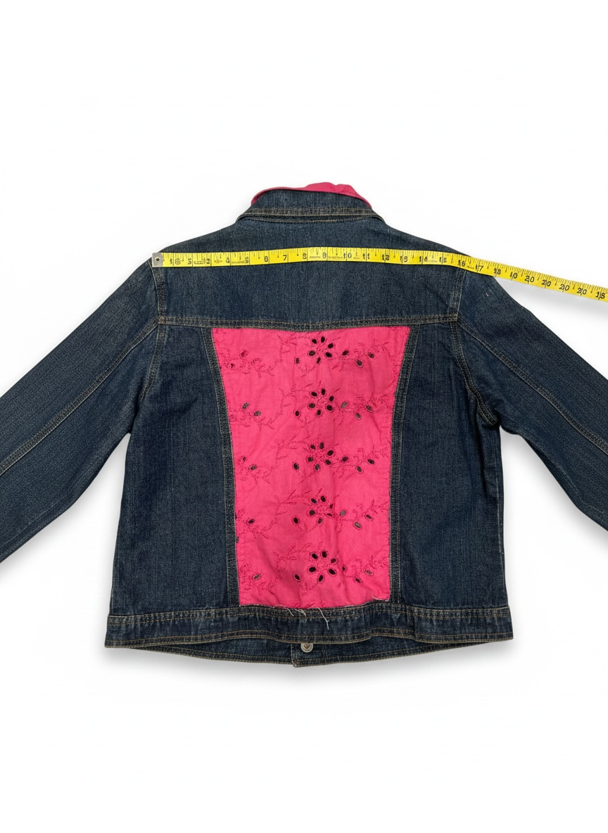 Small Upcycled Denim Jacket with Pink Eyelet Details | Handmade Feminine Fashion