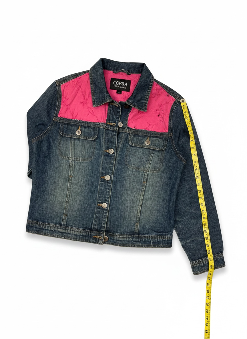 Small Upcycled Denim Jacket with Pink Eyelet Details | Handmade Feminine Fashion
