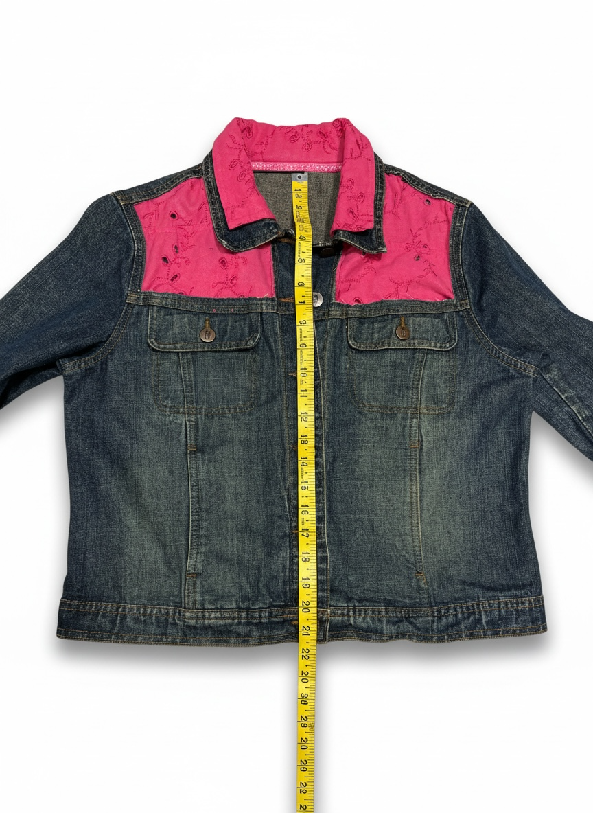 Small Upcycled Denim Jacket with Pink Eyelet Details | Handmade Feminine Fashion
