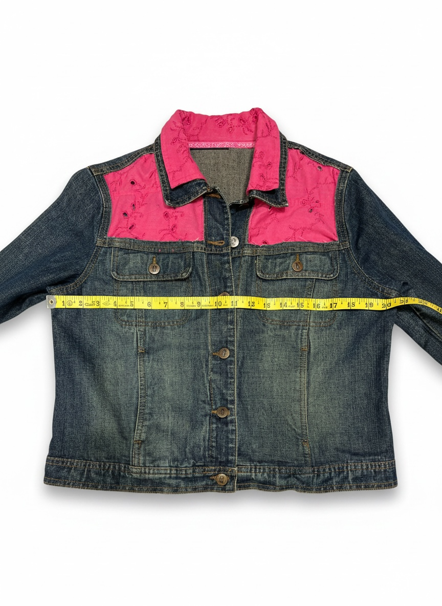 Small Upcycled Denim Jacket with Pink Eyelet Details | Handmade Feminine Fashion