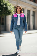 Small Upcycled Denim Jacket with Pink Eyelet Details | Handmade Feminine Fashion