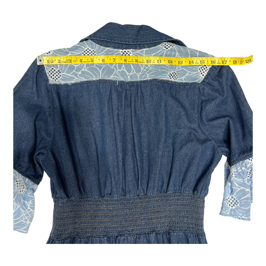 Upcycled Denim Dress with Eyelet Sleeves & Ruched Waist