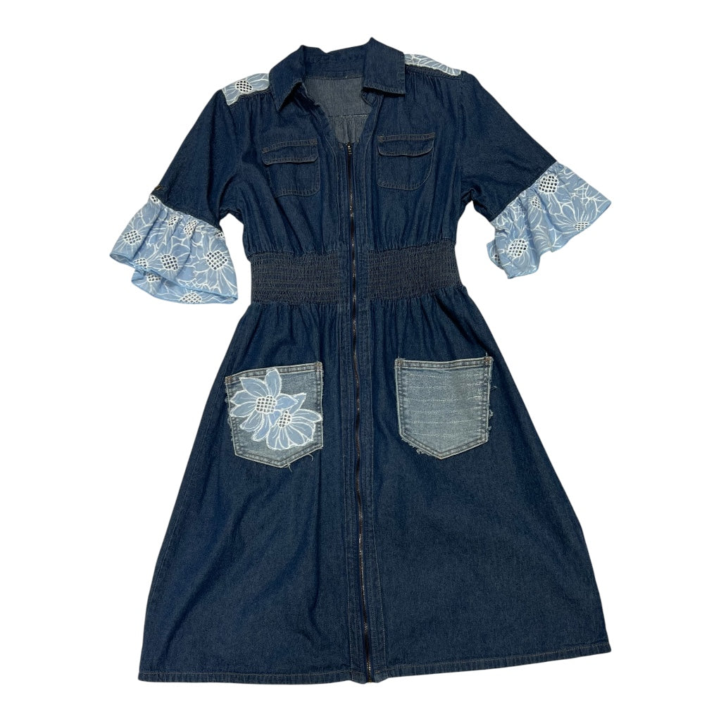 Upcycled Denim Dress with Eyelet Sleeves & Ruched Waist