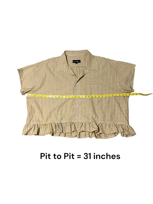 2X/3X - Upcycled Yellow & White Checked Ruffled Button-Down Shirt