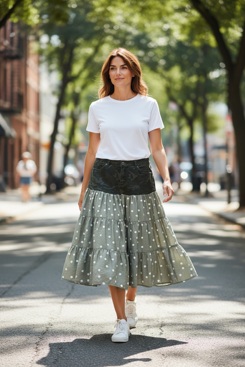 Small Upcycled Camouflage & Sage Green Polka Dot Skirt | Handmade Slow Fashion