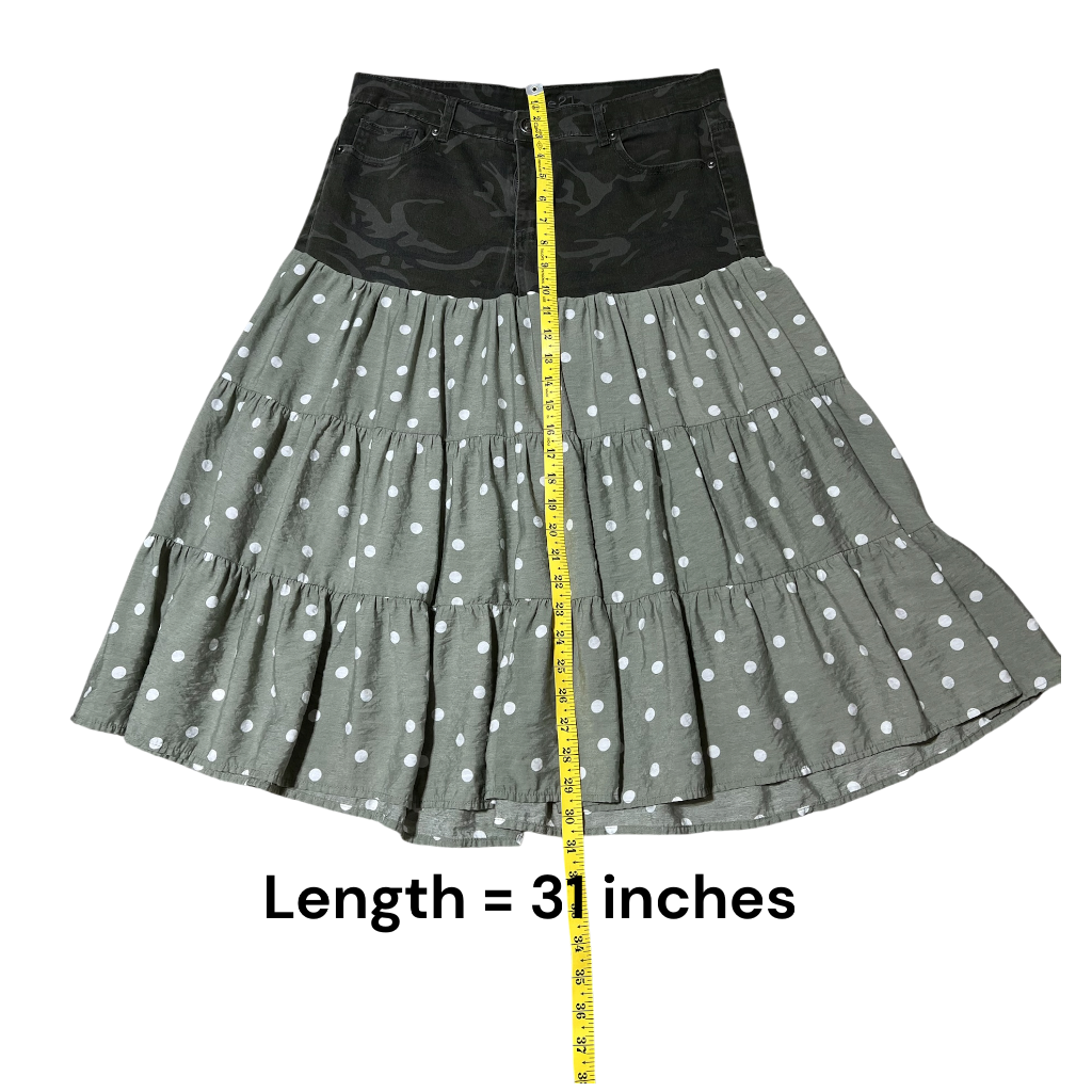 Small Upcycled Camouflage & Sage Green Polka Dot Skirt | Handmade Slow Fashion