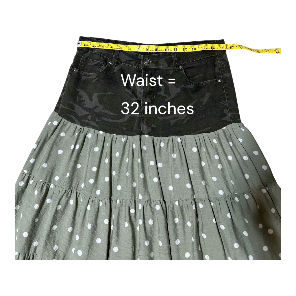Small Upcycled Camouflage & Sage Green Polka Dot Skirt | Handmade Slow Fashion