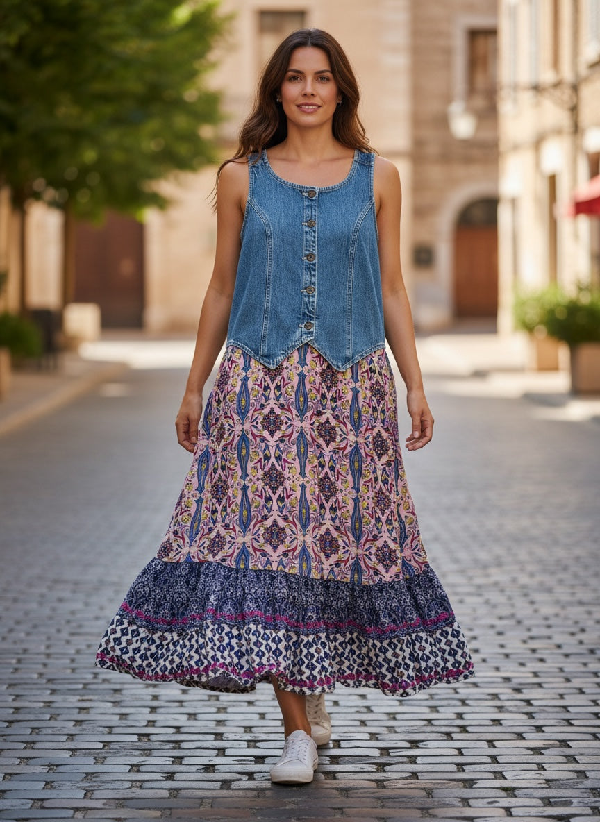 Small Upcycled Denim Vest Dress | Handmade Pink & Navy Layered Skirt
