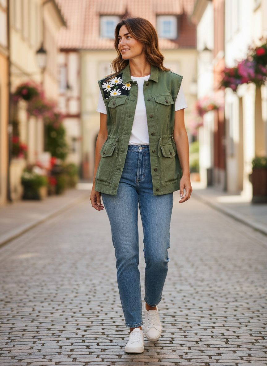 Small Upcycled Green Denim Jacket with Daisy Fabric Inserts | Handmade Cottagecore Slow Fashion