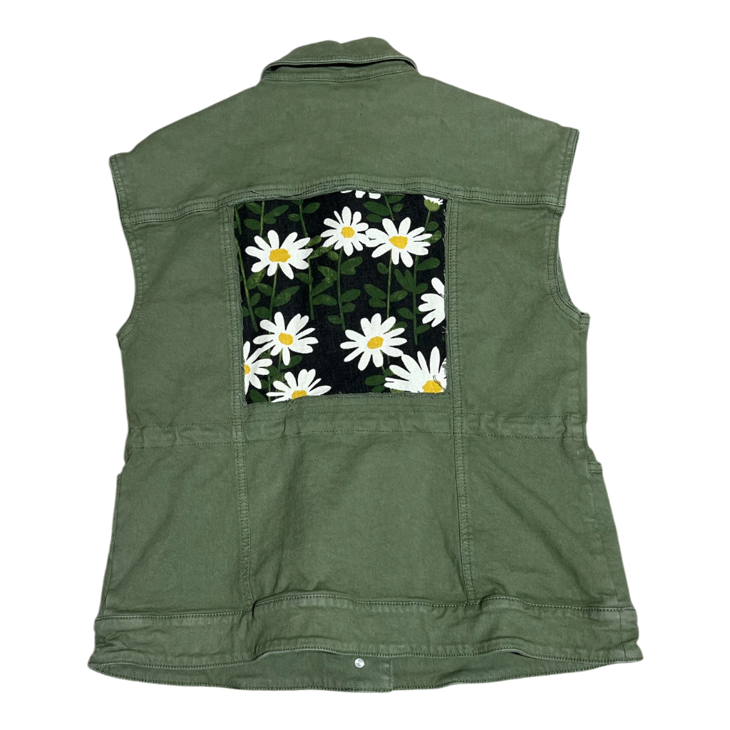 Small Upcycled Green Denim Jacket with Daisy Fabric Inserts | Handmade Cottagecore Slow Fashion