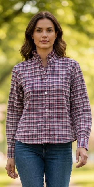 Small Upcycled Pink Blue White Plaid Ruffled Shirt | Cottagecore Romantic Blouse