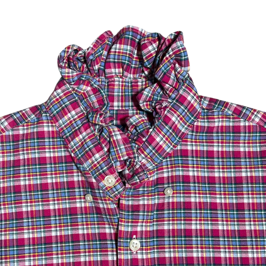 Small Upcycled Pink Blue White Plaid Ruffled Shirt | Cottagecore Romantic Blouse