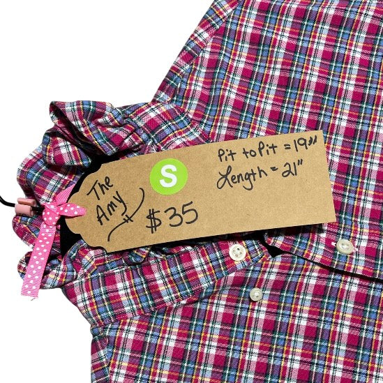 Small Upcycled Pink Blue White Plaid Ruffled Shirt | Cottagecore Romantic Blouse